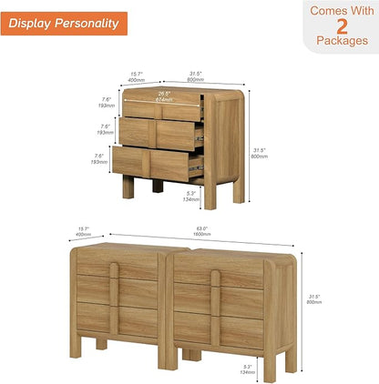 WAMPAT 6 Drawer Dresser for Bedroom,2 in 1 63" Wide Mid Century Modern Wide Chest of Drawer, Wood Tall Nightstand with Curved Edge Handles, Closet Dresser TV Stand for Bedroom, Light Walnut