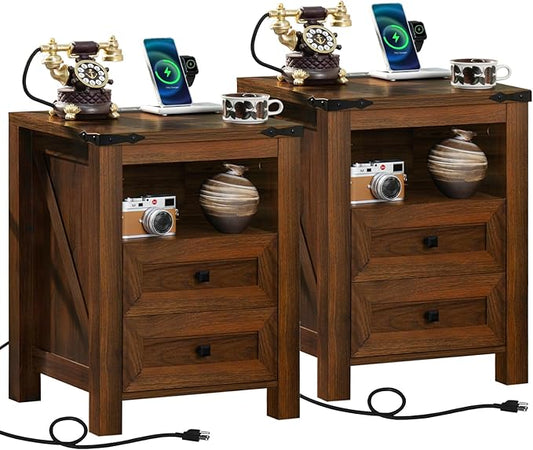 Joaxswe Nightstands Set of 2 with Charging Station, Farmhouse Side End Table with 2 Drawers and Open Shelf, Wood Rustic Sofa Table, Bedside Cabinet for Bedroom, Living Room, Closet, Office(Brown)
