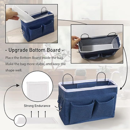 Kanrichu 2pcs Middle Wall Hanging Organizer Bag, Linen Fabric Door Hanging Storage Basket with Pockets, Waterproof Bin for Kitchen, Bedroom, Office, RV Camper (Blue)