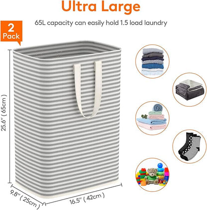 Lifewit Laundry Hamper Large Collapsible Laundry Baskets, Freestanding Waterproof Clothes Hamper with Easy Carry Handles in Laundry Room Bedroom Bathroom College Dorm for Adults, Gray, 2 x 65L