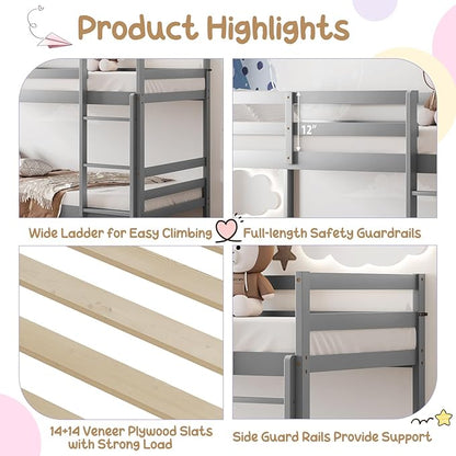 KOMFOTT Wood Bunk Bed Twin Over Twin, Bunk Bed with Ladder & Safety Guardrail, Solid Wood Bed Frame, Ideal for Dormitory & Multiple-Child Family, No Box Spring Needed, Kids Bunk Bed