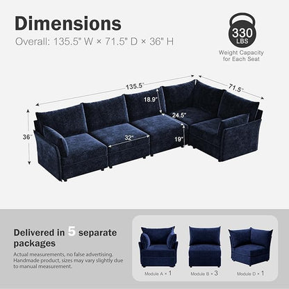 ABCASA 135.5" Oversized Modular Sectional Sofa, L Shaped Convertible Couch with Movable Ottoman, 5 Seat Corner Couches for Living Room Deep Seat Blue Chenille