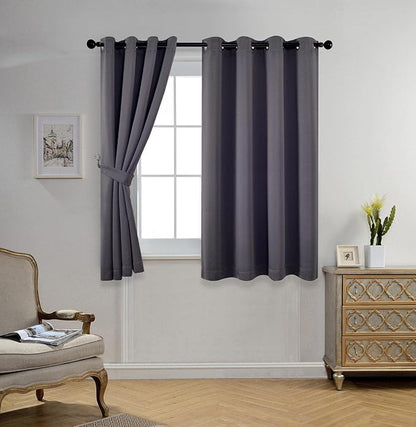 MIUCO 1 Pair Thermal Insulated Grommet 52-Inch-by-63-Inch Blackout Window Curtain Panels with 2 Tie Backs, Dark Grey