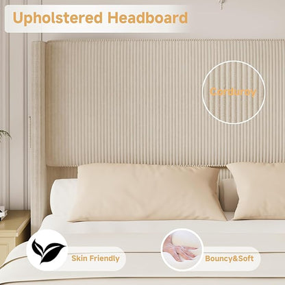 King Size Bed Frame and Headboard, Upholstered King Bed Frame with Tall Wingback Headboard & Footboard, USB Ports, Easy Assembly, Beige