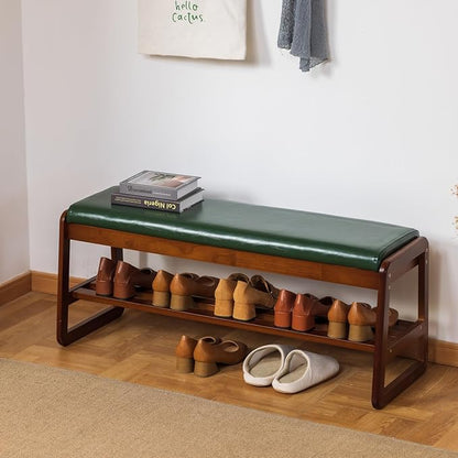 Solid Wood Shoe Bench, 2-Tier Entryway Bench with Cushion and Flip-Open Storage Box, Mid-Century Modern Shoe Bench Rack for Hallway, Mudroom(Green, 39.4'')