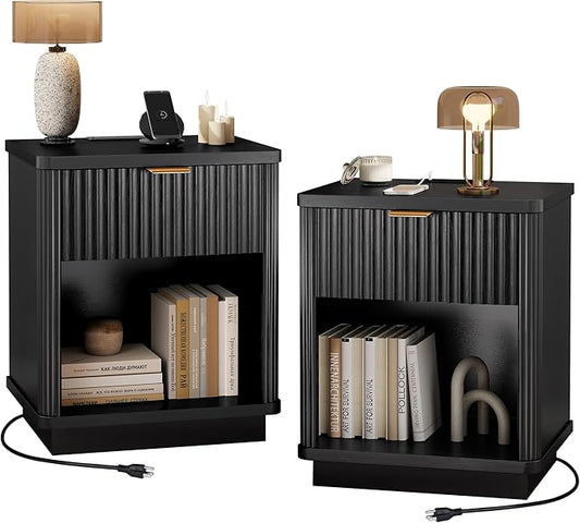 LYNCOHOME Fluted Nightstand Set of 2 with Charging Station, Bedside Table for Bedroom with 1 Drawer Storage, Side Table for Bedroom（Black）