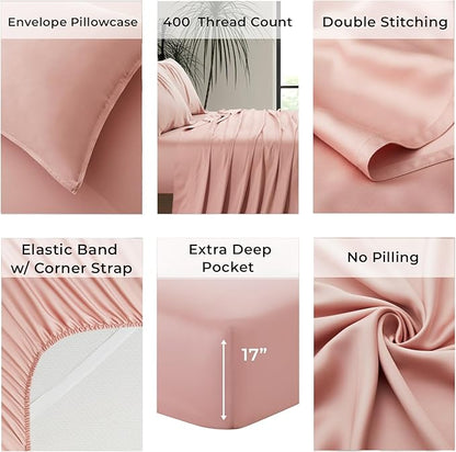 Luxury Bamboo Market | King Size Bed Sheet Set | 100% Viscose Made from Bamboo | Organically Grown | Ultra Soft | Cooling Sheets for Hot Sleepers | 17" Deep Pocket [Rose Quartz]