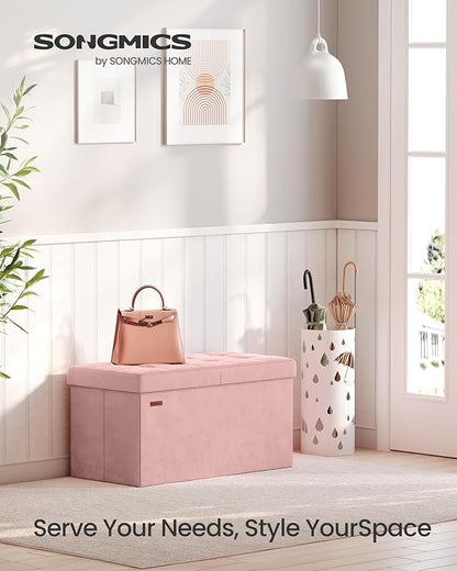 SONGMICS Mazie Collection - 30 Inches Storage Ottoman, Foldable Storage Bench with Flipping Lid, 660 lb Load Capacity, for Entryway, Living Room, Bedroom, Velvet Fabric, Jelly Pink ULSF048SA03
