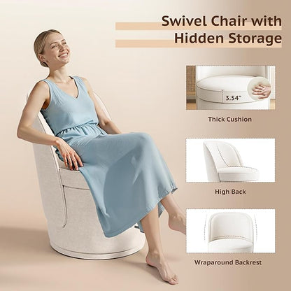 Swivel Accent Chair, 360° Swivel Chair with Hidden Storage, Vanity Chairs, Modern Small Barrel Swivel Armchair for Living Room/Bedroom, Beige