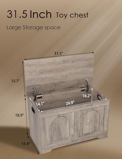 DINZI LVJ Storage Chest, 31.5”Wooden Toy Box with 2 Safety Hinges, Entryway Storage Bench with Flip-Top, Sturdy Storage Trunk for Living Room, Bedroom, Easy Assembly, Greige