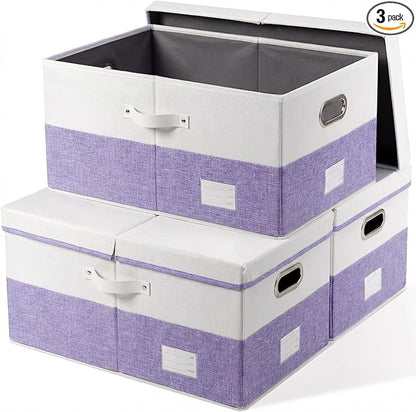 PRANDOM Collapsible Storage Bins with Lids [3-Pack] Linen Fabric Foldable Storage Boxes Organizer Containers Baskets Cubes with Cover for Bedroom Closet Nursery Purple&White (23.4X15.9X11.4)