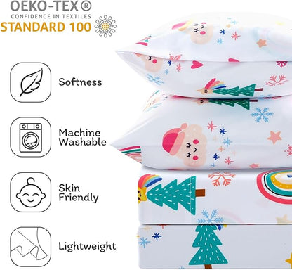 JSD Christmas Kids Sheet Set Full Size, 4 Piece Rainbow Christmas Tree Printed Microfiber Bed Sheets Deep Pocket