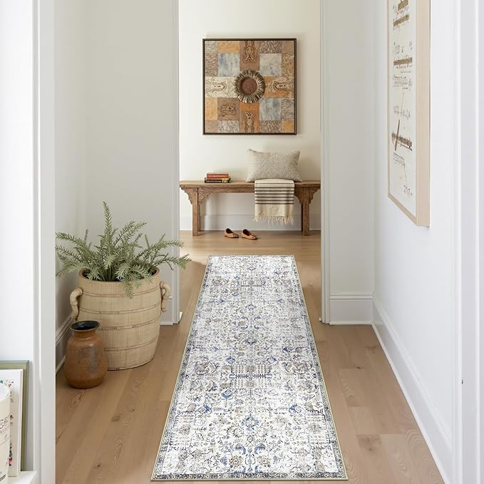 jinchan Kalen Runner Rug 2x7 Washable Hallway Rug Vintage Indoor Thin Retro Floor Cover Distressed Floral Country Lightweight Non Slip Carpet for Entryway Bathroom Bedroom Living Room Stairway Blue