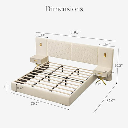 DEINPPA Luxury King Bed Frame with Built-in Gold LED Lights and Nightstands, King Size Platform Bed with Oversize Upholstered Headboard, No Box Spring Needed-Beige