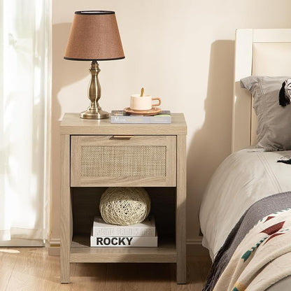 SICOTAS Rattan Night Stands, Farmhouse Nightstand Boho End Side Table Bedside Table with Drawer and Open Shelf for Bedroom, Light Oak
