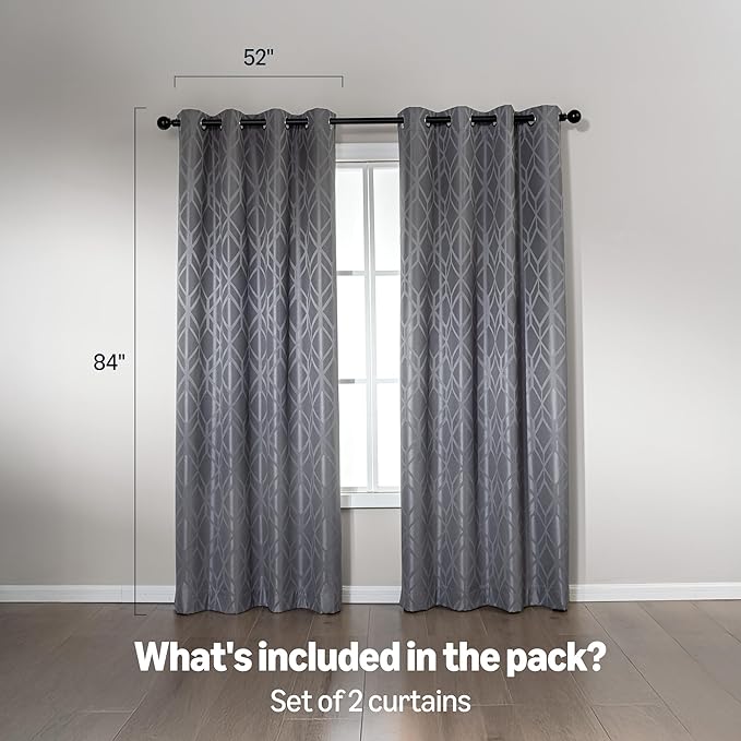 Amazon Basics Jacquard 2-Piece 100% Blackout Curtains, Living Room and Bedroom Drapes, Thermal Insulated Window Treatment, 52"x84", Grey