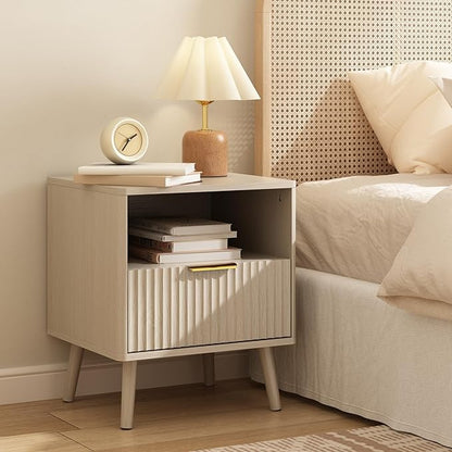 CARPETNAL Fluted Nightstand, Beige Bedside Table with Drawer and Storage Shelf, Wood End Table Mid Century Night Stands for Bedroom Living Room