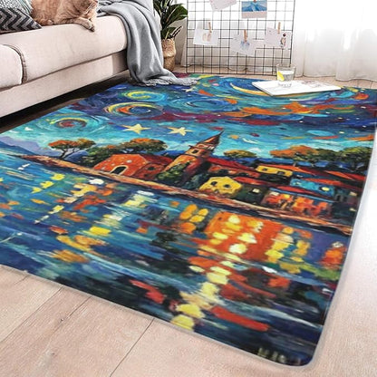 Machine Washable 2' x 3' Seaside Villages and Churches Area Rug, Bule Floor mat, Suitable for bedrooms, Girls' Room Bedside, Living Room, Dining Room, Office, Non-Slip Low-Pile Night Sky Carpet