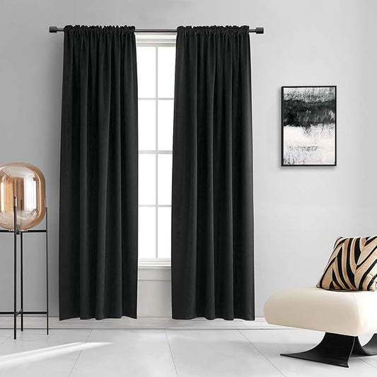 DONREN 99% Blackout Curtains for Bedroom - Thermal Insulating Blackout Rod Pocket Drapes for Small Windows (52 x 84 Inches Long,Set of 2 Panels,Black)