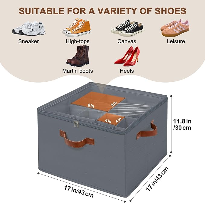 Shoe Organizer for Closet, Foldable Shoe Storage Box with Clear Top Lid, 3 Leather Handles, Adjustable Dividers, Fits 8-16 Pairs, Stackable Shoe Bin for Bedroom (Gray, 1 PCS/16.9*11.8*1.57 inch)