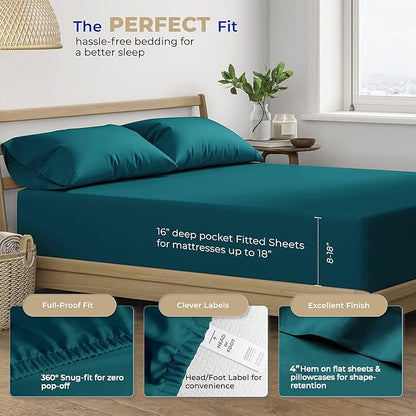 THREAD SPREAD Twin XL Sheets Set Cotton - 400 Thread Count 100% Cotton Twin XL Sheet Set, 3 PC Twin XL Sheets, Cooling & Luxury Sateen Sheets, 16" Deep Pocket Extra Soft Sateen Cotton Sheets (Teal)
