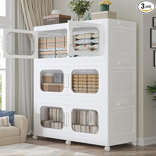 150 Gallon Extra Large Storage Bin with Lid and Wheels, Stackable Collapsible Plastic Storage Box with Door, Foldable Organizer for Closet, Kitchen, Office, Living Room, 3 Pack White