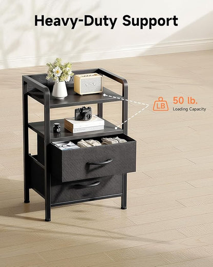 Night Stand Bedside Charger Bedroom - Nightstand with Charging Station & LED Light Strip, Night Stand with Storage Shelf & 2 Fabric Drawers, Morden End Table with U-S-B Ports & AC Outlets