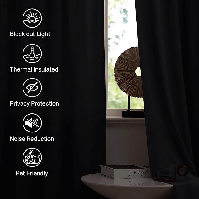 StangH Black Blackout Curtains Velvet Curtains 84 Inches Living Room Thermal Insualted Window Drapes for Halloween/Theater/Studio Room/Bedroom, W52 x L84 inches, Set of 2