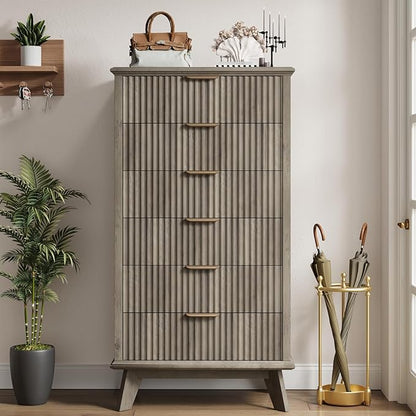 QUW Fluted 6 Drawer Dresser for Bedroom, Modern Tall Chest of Drawers with Metal Handle, Large Wood Storage Chest Organizer Accent Storage Cabinet for Living Room, Hallway, Entryway, Gray