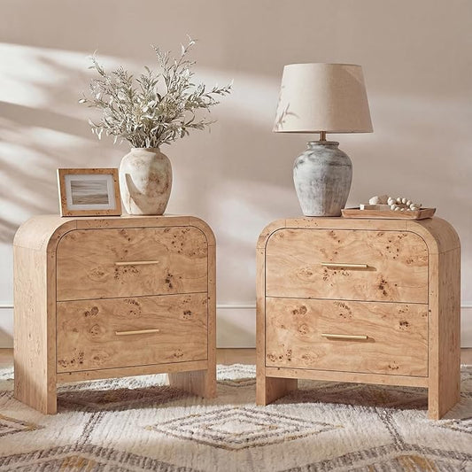 Night Stand Set of 2 [Unique Curved Profile] [FSC-Certified Wooden Board] 2-Drawer Nightstand 24" H Metal Handle Modern Sturdy Bedside Table Side Table End Table