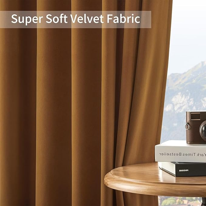 Joydeco Camel Brown Velvet Curtains 84 inch Length 2 Panels, Luxury Blackout Rod Pocket Thermal Insulated Window Curtains, Super Soft Room Darkening Drapes for Living Room Bedroom,W52 x L84 inches
