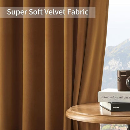 Joydeco Camel Brown Velvet Curtains 120 inch Length 2 Panels, Luxury Blackout Rod Pocket Thermal Insulated Window Curtains, Super Soft Room Darkening Drapes for Living Room Bedroom,W52 x L120 inches