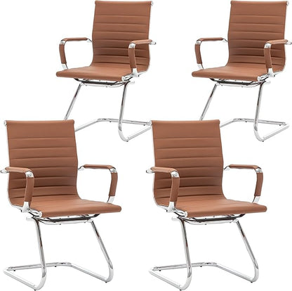 Wahson Office Guest Chairs Set of 4, Leather Reception Chairs, Mid Back Waiting Room Chair, Conference Chairs with Sled Base, Desk Chair No Wheels for Meeting/Lobby/Restroom, Coffee