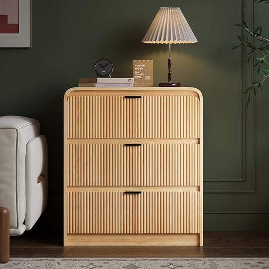 FURSUN 32" Tall Fluted Nightstand, 3 Drawers Wooden End Table w/Storage, Curved Profile Design, Modern Bedside Table for Bedroom, Natural Oak
