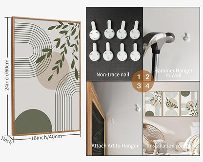 Yeehomedec Boho Sage Green Framed Canvas Wall Art, Mid Century Modern Wall Decor, Large Minimalist Botanical Art Print, Abstract Geometric Line Leaf Art Painting for Bathroom Living Room Bedroom Office 16"x24"x3