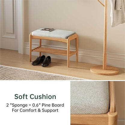 Solid Wood Shoe Bench, Shoe Rack Bench Assembled with Cushion for Entryway, Hallway, Bedroom, Living Room, Beech Wood, 11.8" x 23.6" x 16.5", Natural