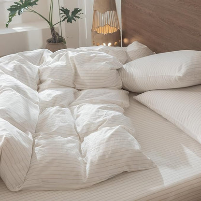MooMee Striped Duvet Cover Set 100% Washed Cotton Linen Like Textured Breathable Durable Soft Comfy (White Almond Milk Grey Wide Stripes, Queen 90"x90")