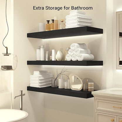 Heimlove 12" Deep Floating Shelves, 36 x 12 Inch Wall Mounted Long Floating Shelf with Invisible Brackets, for Home Decor, Bedroom, Kitchen, Living Room, Bathroom - 1 Pack, Black