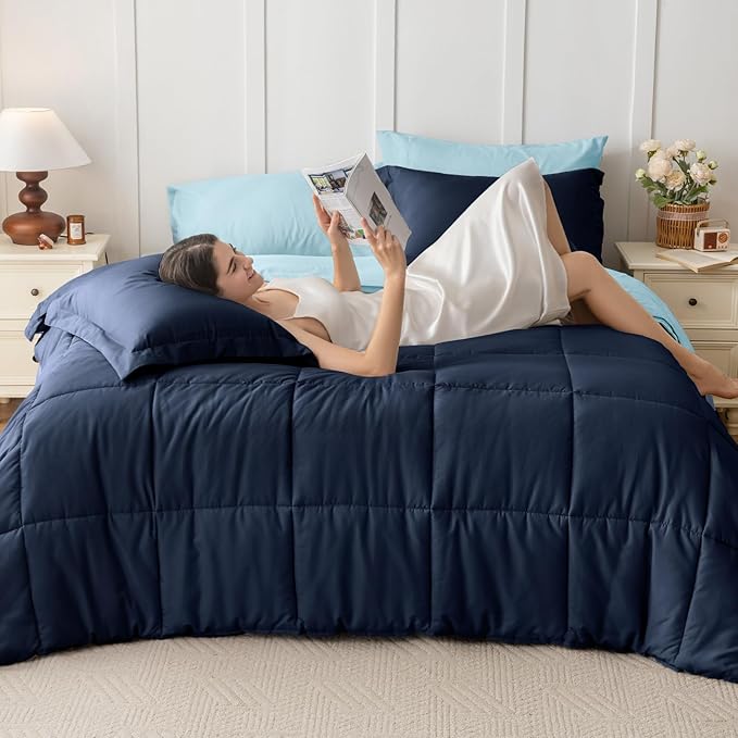 JOLLYVOGUE Twin XL Comforter Set, Ultra-Soft Bed in a Bag Twin XL Size 5 Pieces, Oeko-TEX Certified Bedding Set with Down Alternative Comforter, Sheets, Pillowcases & Shams, Navy & Light Blue