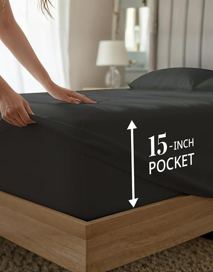 LANE LINEN 100% Egyptian Cotton Sheets Set Full Size Bed - 1000 Thread Count, Fully Elasticized Reinforced Seams Extra Deep Pocket Full Sheets Set, No Pill Fade Resistant Cooling - Black