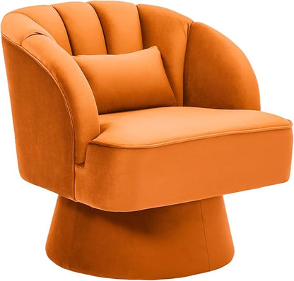 GarveeHome Modern Swivel Barrel Accent Chair, 360° Velvet Upholstered Armchair with Striped Backrest & Plush Padding, Comfy Round Lounge Chair (1, Orange + Velvet)