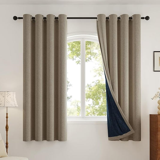 100% Blackout Curtains Thick Soft Curtain 2 Panels for Bedroom, Linen-Look Textured Full Light Blocking Room Darkening Thermal Insulated Drapes for Windows (W52xL45, Taupe)