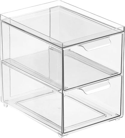 mDesign Stackable Storage Containers Box with 2 Pull-Out Drawers - Stacking Plastic Drawer Bins for Master or Guest Bathroom, Linen Closet, Vanity, Makeup Table Lumiere Collection 4 Pack, Clear