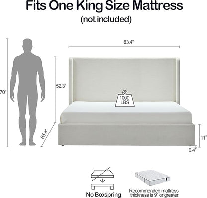 King Size Upholstered Bed Frame, Harper 54" Tall Headboard Platform Beds, Wingback Headboard Bedframes/No Box Spring Needed/Easy Assembly/Elegant Simplicit, Textured Ivory Canvas Chenille