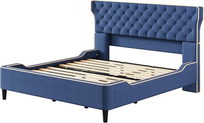 Christopher Knight Home Salus Linen Upholstered King Size Bed Frame with Headboard, Modern King Bed Frame and Headboard, Wooden Slats Support, Easy Assembly, No Box Spring Needed, Blue