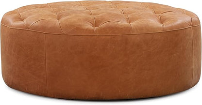 POLY & BARK Ascot Ottoman – 40" Round Pouf with Feather-Down Topper – Full-Grain Leather Upholstered Pouf Ottoman for Living Room – Vintage Italian Leather in Cognac Tan