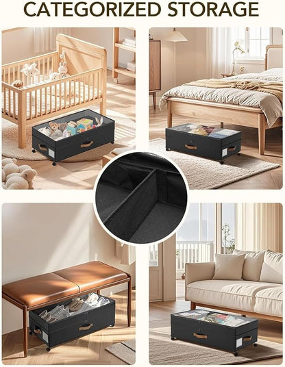 Under Bed Storage with Wheels, 72L XXL Under the Bed Storage Containers Large, 10‘’ Tall Adjustable Storage for Underbed with Lids