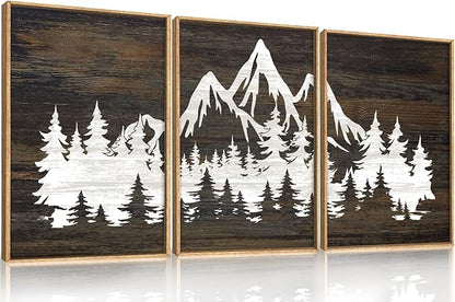 LHIUEM Large Mountain Tree Framed Canvas Wall Art Set,Modern White Forest Art Printing Country Minimalist Wood Wall Decor Farmhouse Zen Artwork for Living Room Bedroom Office-16 x24 x3