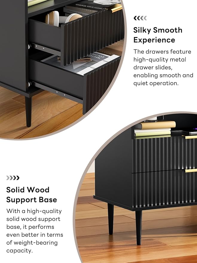 Modern Nightstand with Charging Station, 2-Drawer Fluted Wood Bedside Table with USB, Type-C & AC outlets, Open Storage. Perfect for Your Bedroom (Black, 23.3")