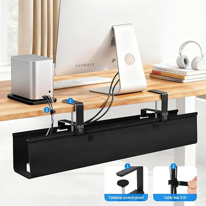 Under Desk Cable Management Tray - Heavy Duty No-Drill Clamp & Screw Mount, 36-Inch Cord Organizer for Home Office, Gaming Setup & Study Room, Holds Power Strip & Large Adapters